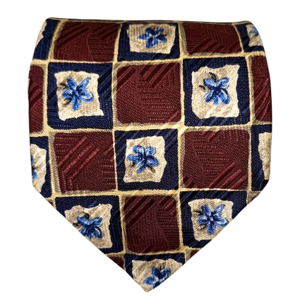 Robert Talbott Mens Tie Silk Burgundy Blue Geometric Floral Italy 60x3.75” USA